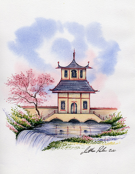 Japanese garden with pagoda and waterfall