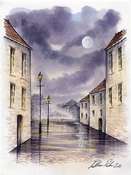 Moonlit street with buildings