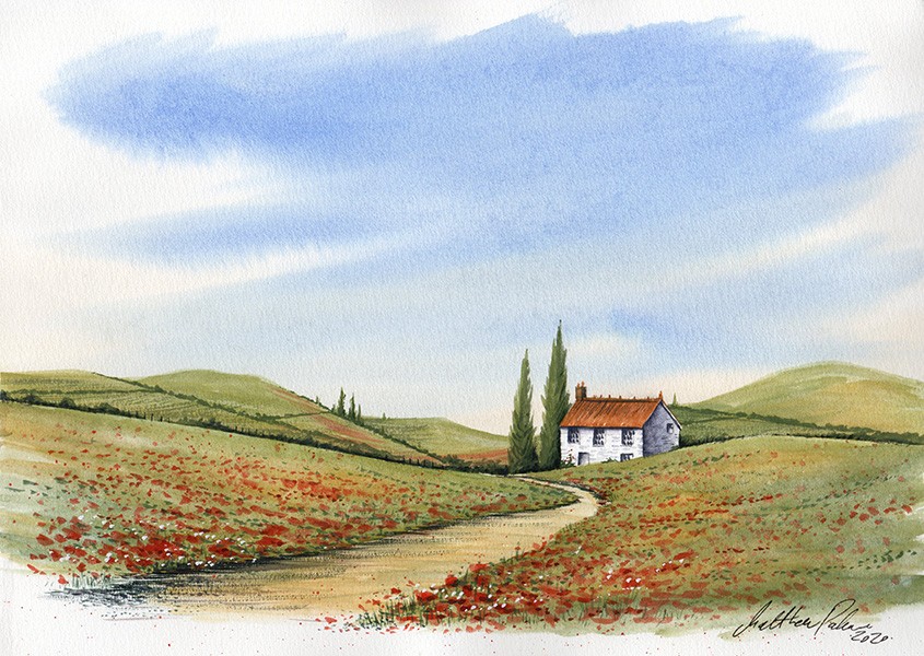 Poppy meadow with cottage