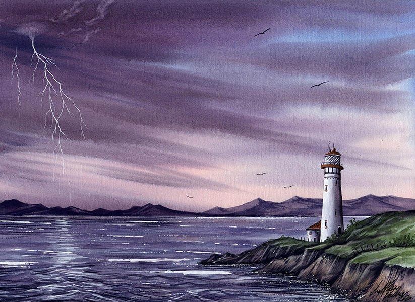 Seascape with lighthouse and lightening