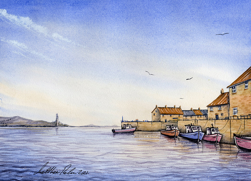 Seascape with village boats and harbor