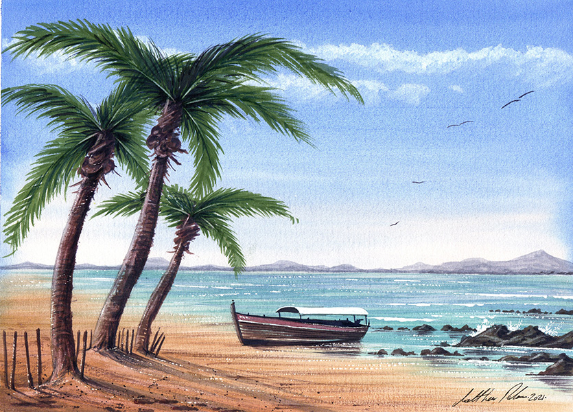 Tropical Beach with boat and palm trees
